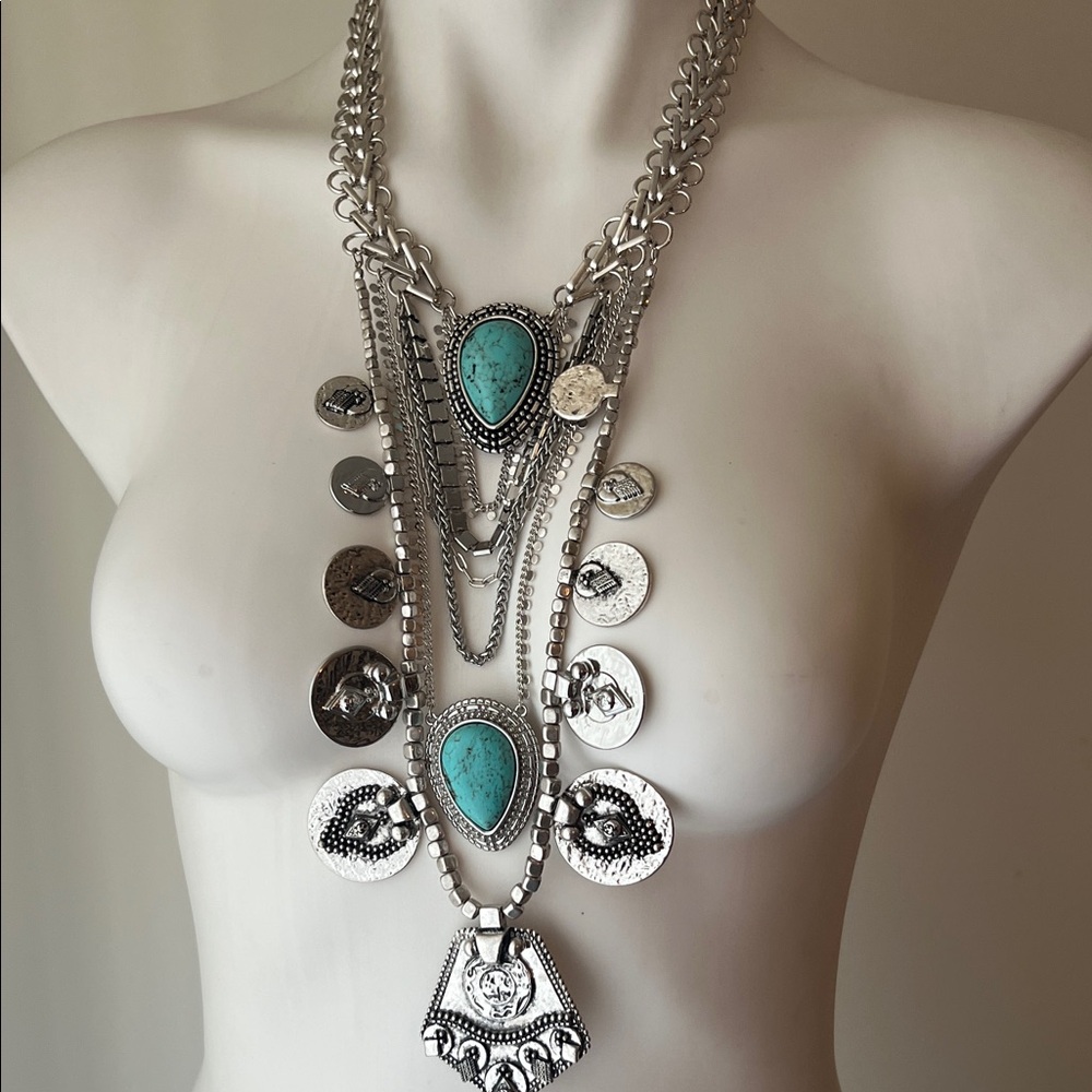 Multilayer Silver And Turquoise Statement Necklac… - image 1